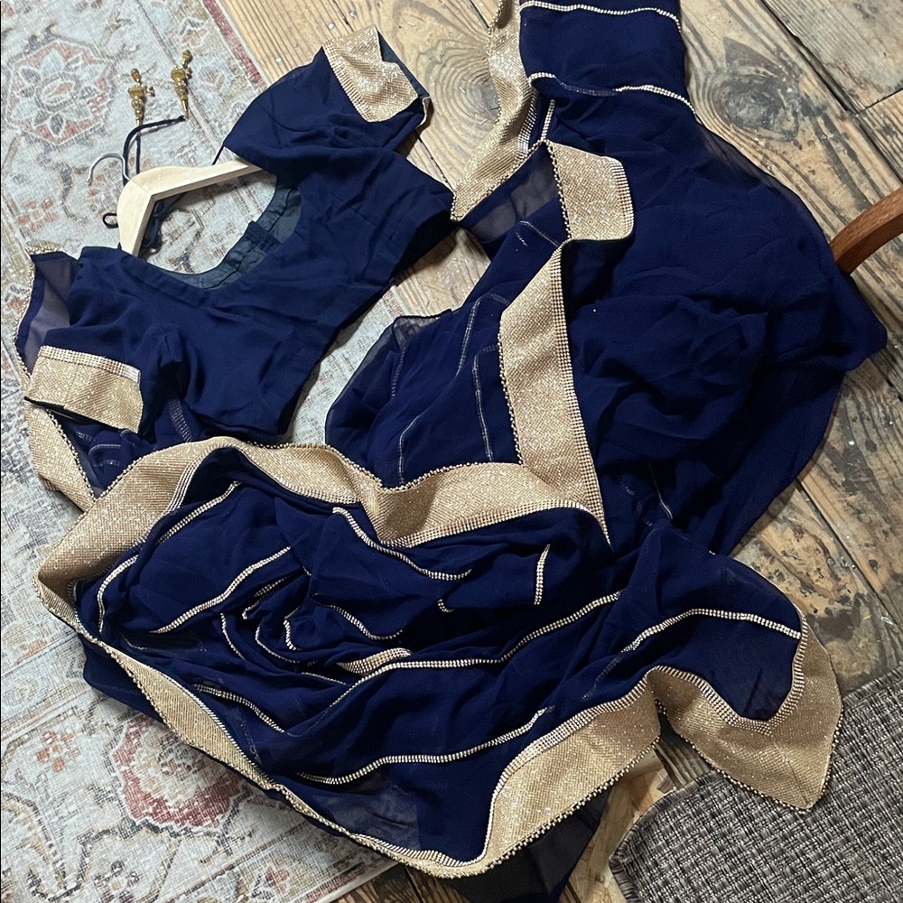 Navy Blue Saree with Gold Trim